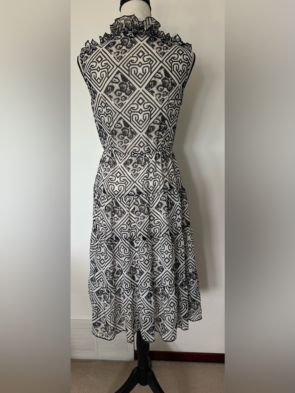 Lapis Black White Geometric Ruffle Midi Dress Sleeveless Tiered Flare Small - Picture 6 of 12
